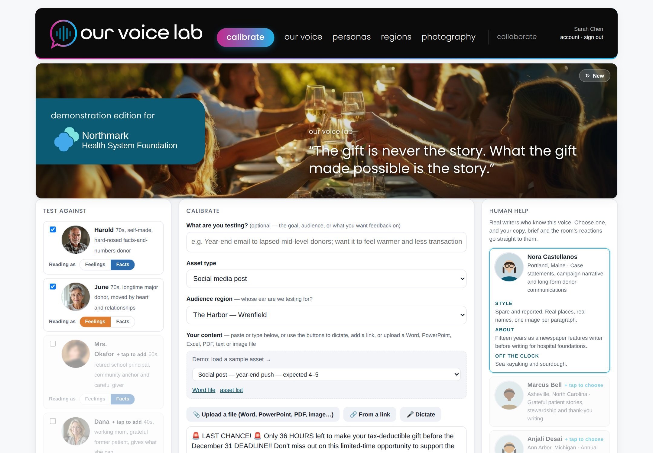Our Voice Lab: Test against donor personas, Calibrate your copy, and Human Help